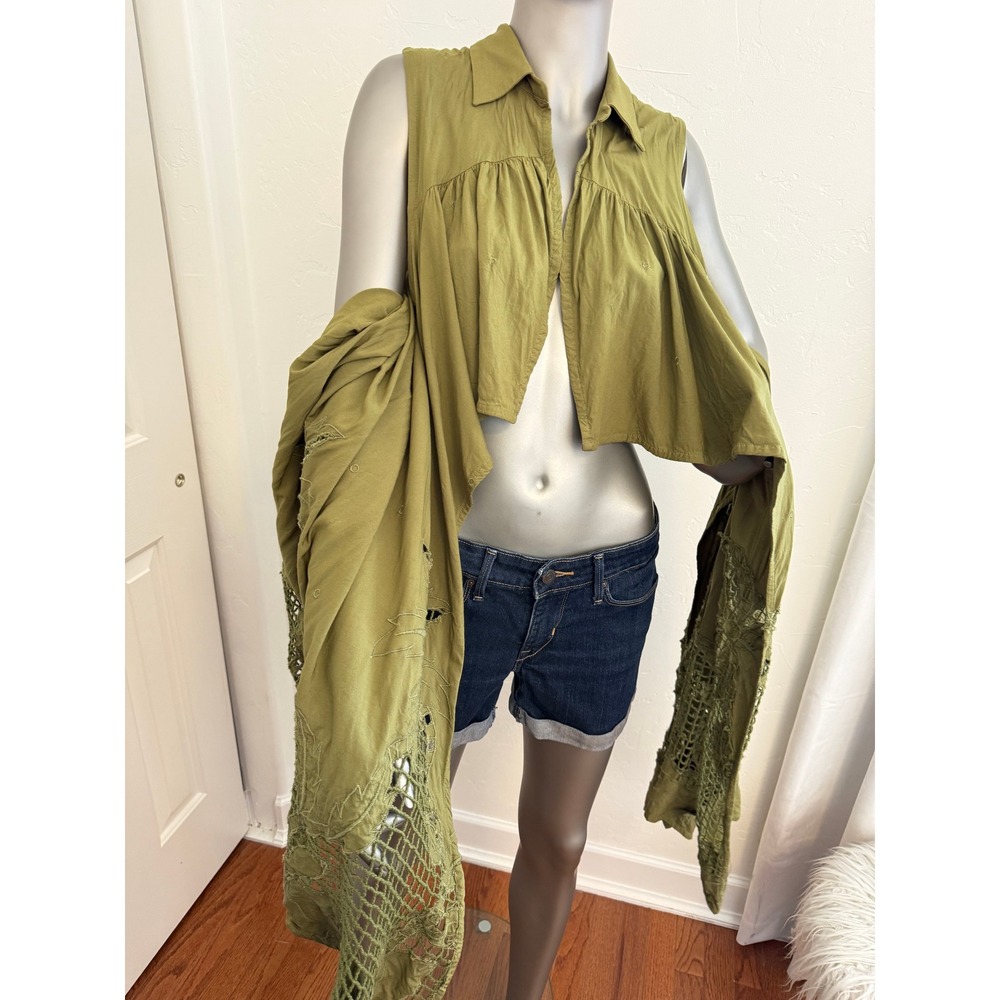 Anthropologie Marrakech Olive Green Lace Cut Out Cropped High Low Vest Bohemian - Picture 8 of 10